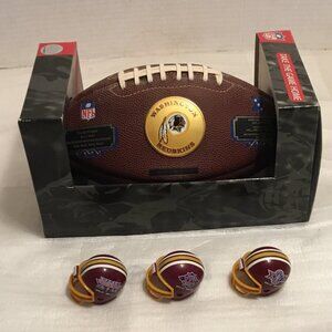 Limited Ed. Washington Redskins football in box & 3 miniature Superbowl helmets